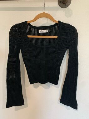 Hollister Black Open-Weave Scoop Neck Long Sleeve Top, bell sleeve XS